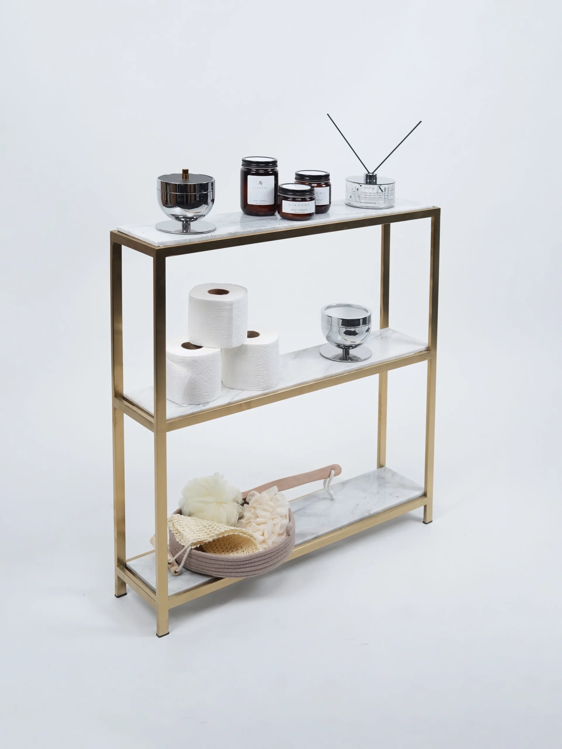 استند سه طبقه سنگی | عکس محصول - diahome شلف سه طبقه صفحه سنگی با تزئینات چیده شده