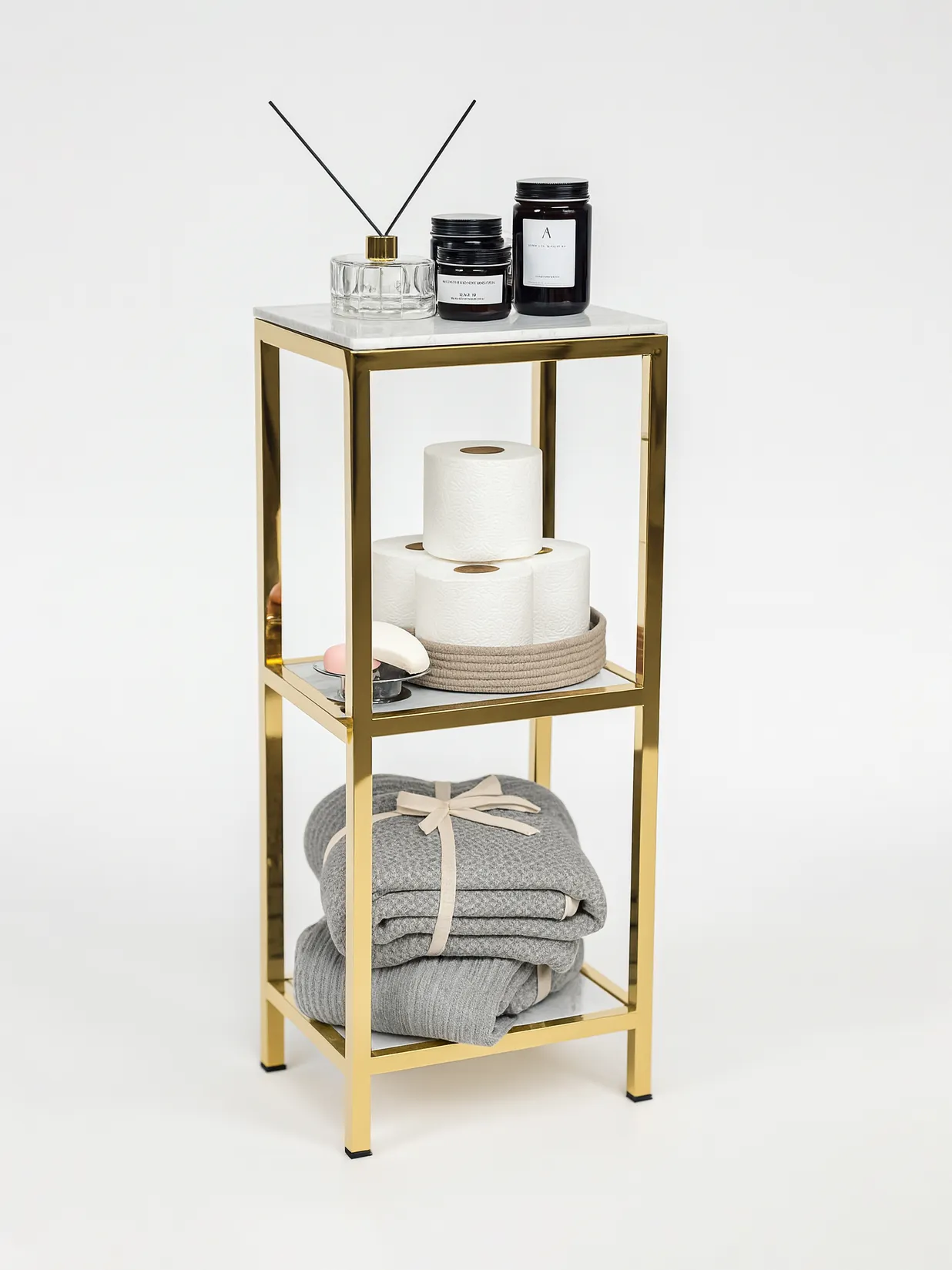 استند سه طبقه سنگی | عکس محصول - diahome شلف سه طبقه سنگی طلایی صفحه سنگی