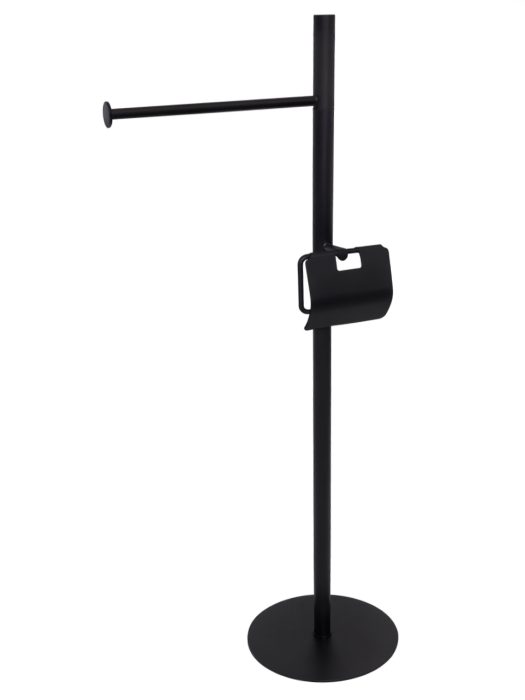 استند ایستاده مشکی کاوردار و حوله ایستاده در فضای سفید