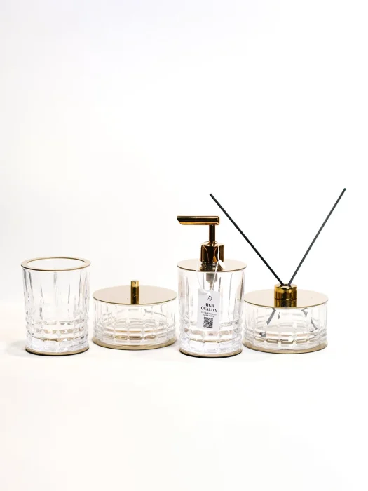 ست اکسسوری کریستالی سرویس حمام و سرویس بهداشتی چهار قطعه رنگ طلایی