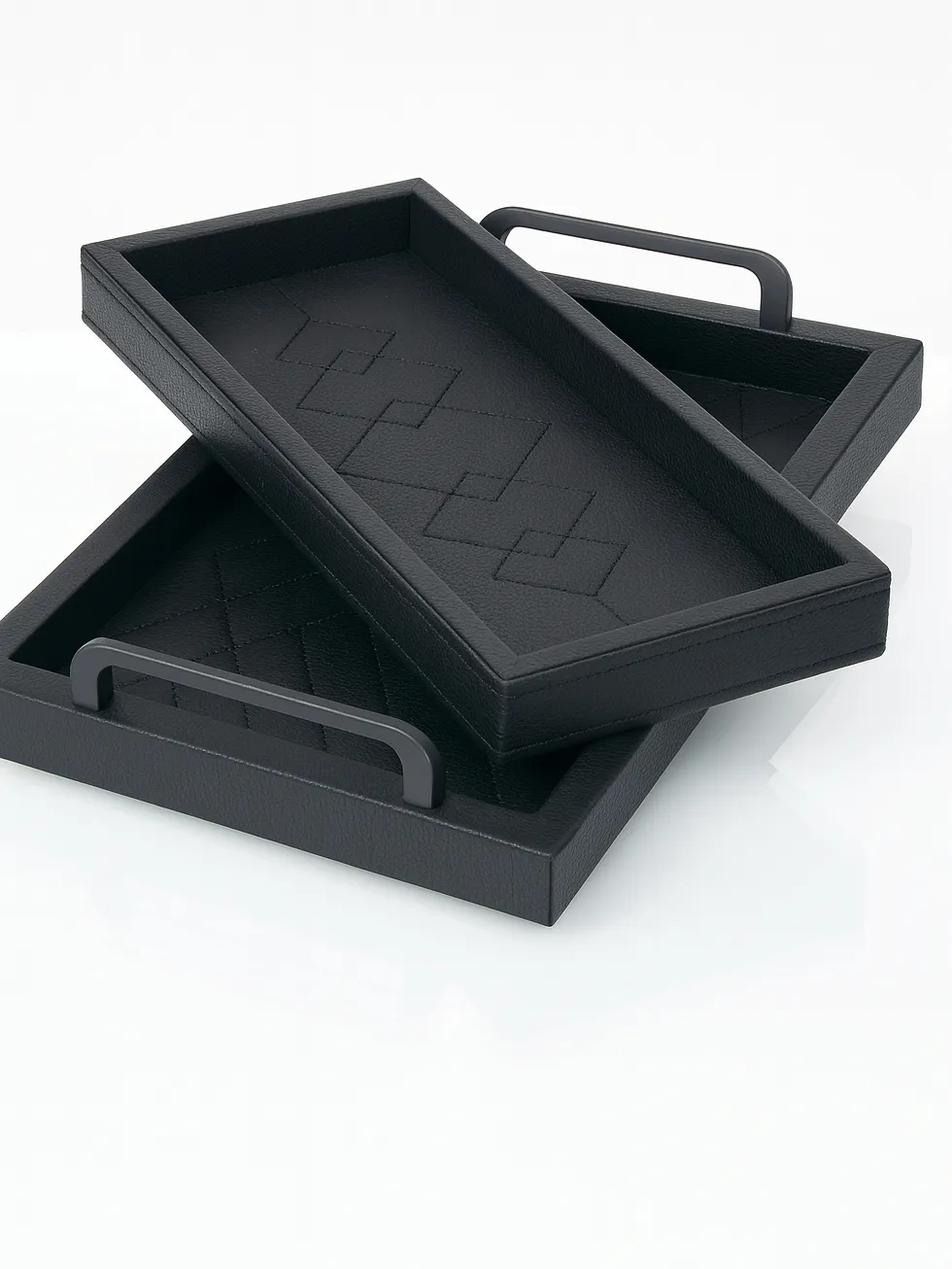ست چرم پذیرایی و اتاق خواب مشکی | عکس محصول - diahome سینی دکوراتیو مشکی چرمی پذیرایی دو عدد روی هم دسته دار بدون دسته