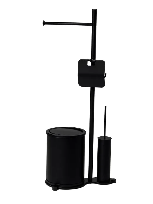 استند پینگ پنگی مشکی ایستاده همراه با سطل و استند دستمال و برس ایستاده در فضای سفید