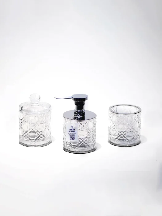 ست اکسسوری کریستالی سرویس حمام و سرویس بهداشتی سه قطعه رنگ کروم نوع مربع قدیمی