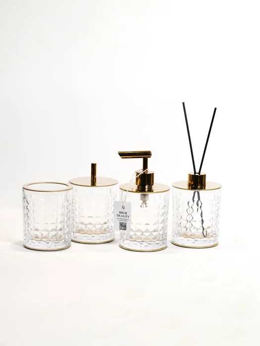 ست اکسسوری کریستالی سرویس حمام و سرویس بهداشتی چهار قطعه رنگ طلایی دیزاین ترکیش کوچک