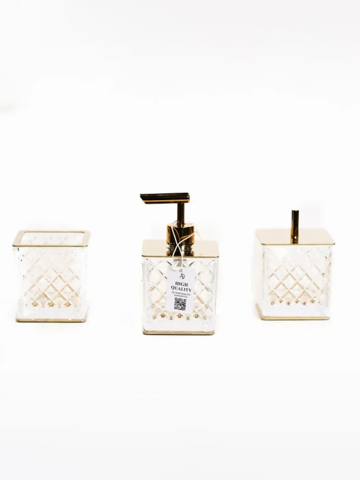 ست اکسسوری کریستالی سرویس حمام و سرویس بهداشتی سه قطعه رنگ طلایی دیزاین کوبیکا