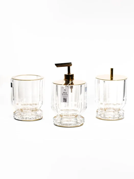 ست اکسسوری کریستالی سرویس حمام و سرویس بهداشتی سه قطعه رنگ طلایی نوع بیگ باخ