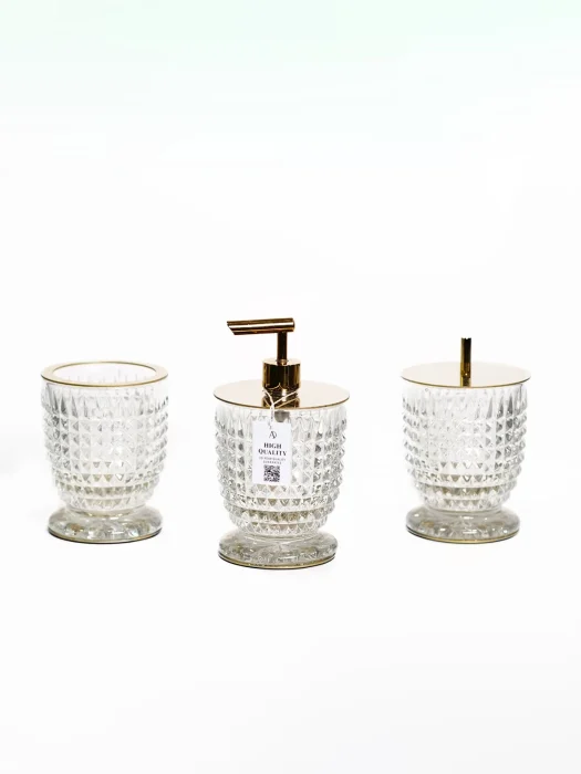 ست اکسسوری کریستالی سرویس حمام و سرویس بهداشتی سه قطعه رنگ طلایی نوع ترکیش بزرگ