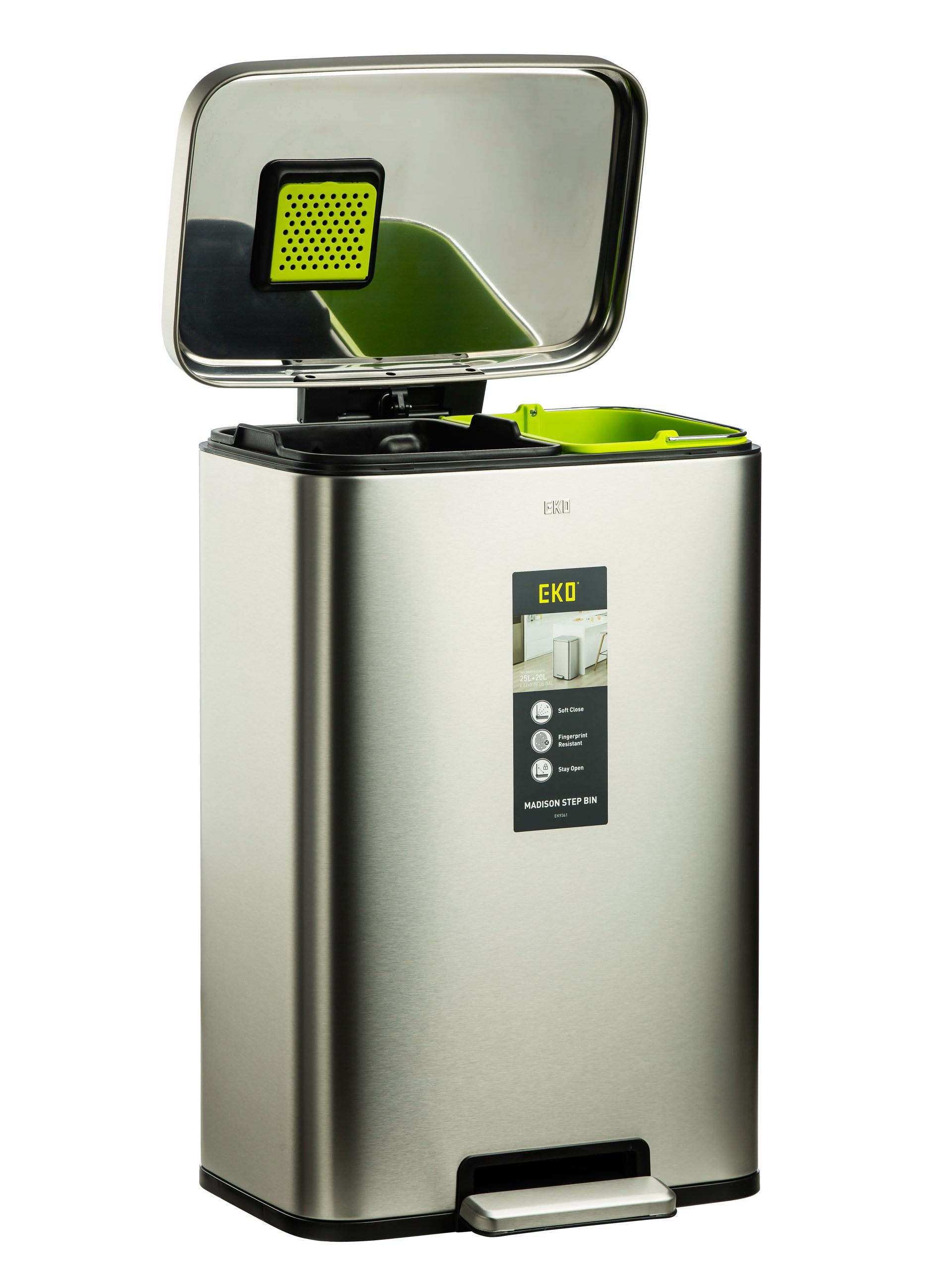 سطل زباله پدالی دومخزنه اکو (EKO) مدیسون 45 لیتر | عکس محصول - diahome سطل پدالی دومخزنه 45 لیتری EKO سوپر استیل درباز