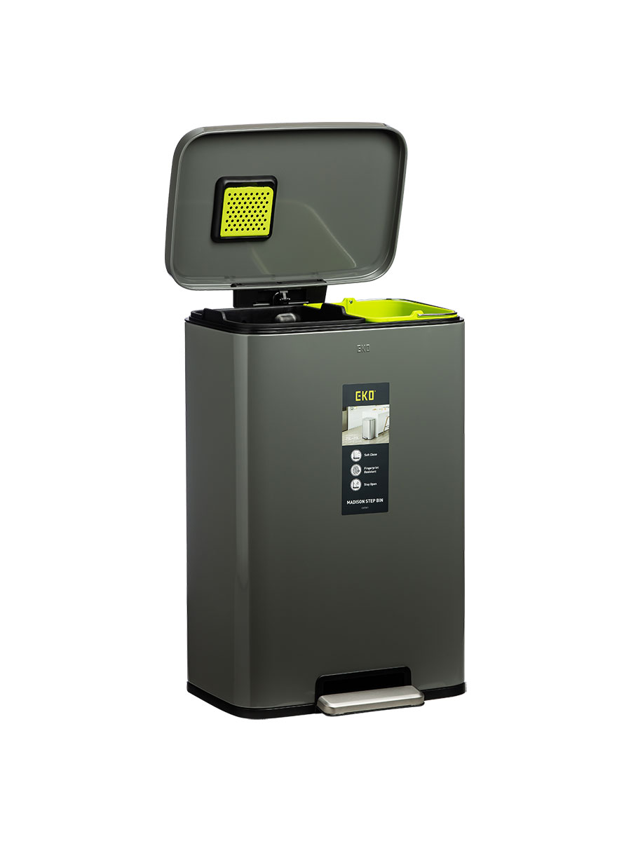 سطل زباله پدالی دومخزنه اکو (EKO) مدیسون 45 لیتر | عکس محصول - diahome سطل پدالی دومخزنه 45 لیتری EKO طوسی درباز