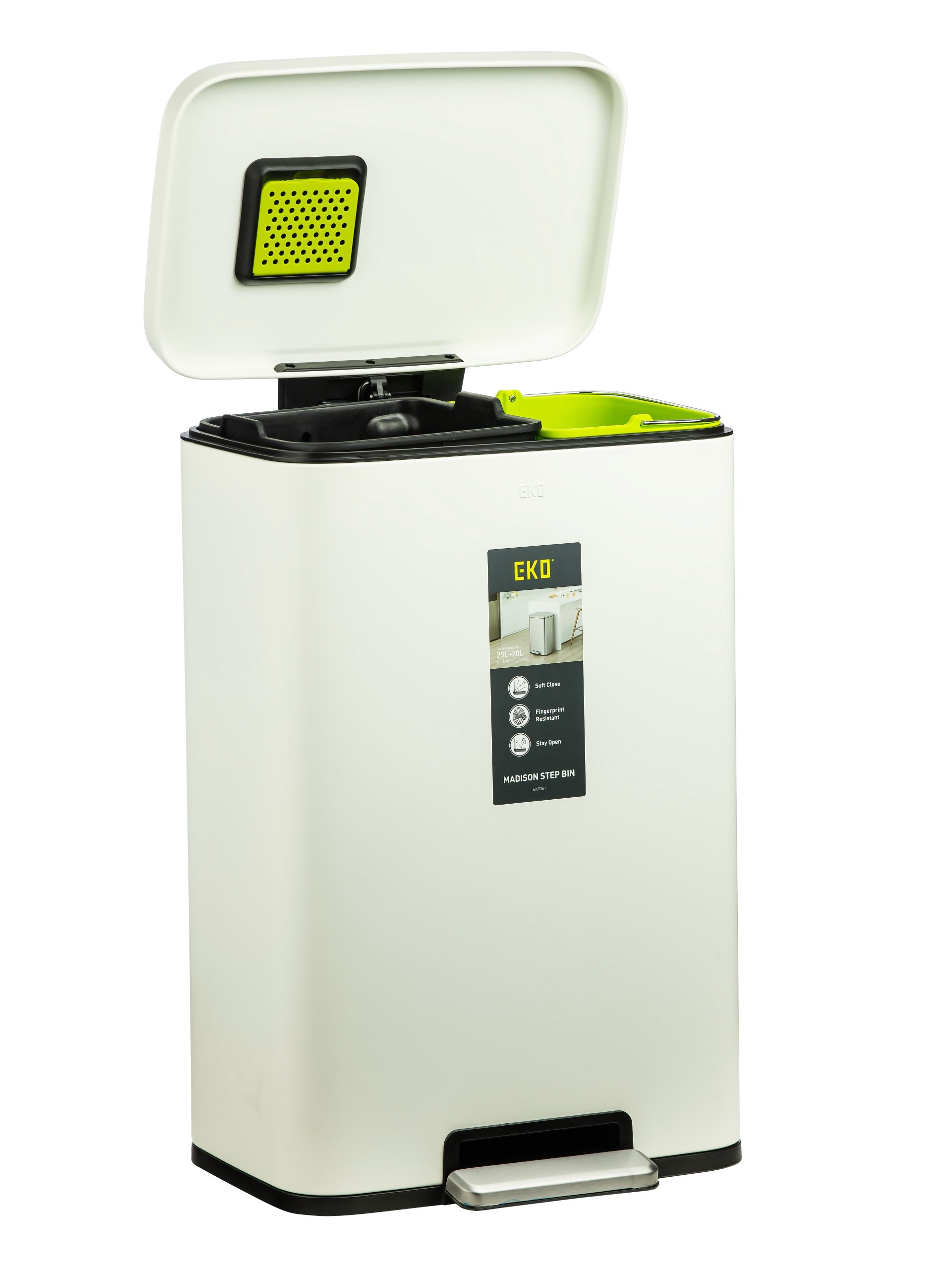 سطل زباله پدالی دومخزنه اکو (EKO) مدیسون 45 لیتر | عکس محصول - diahome سطل پدالی دومخزنه 45 لیتری EKO سفید درباز کامل