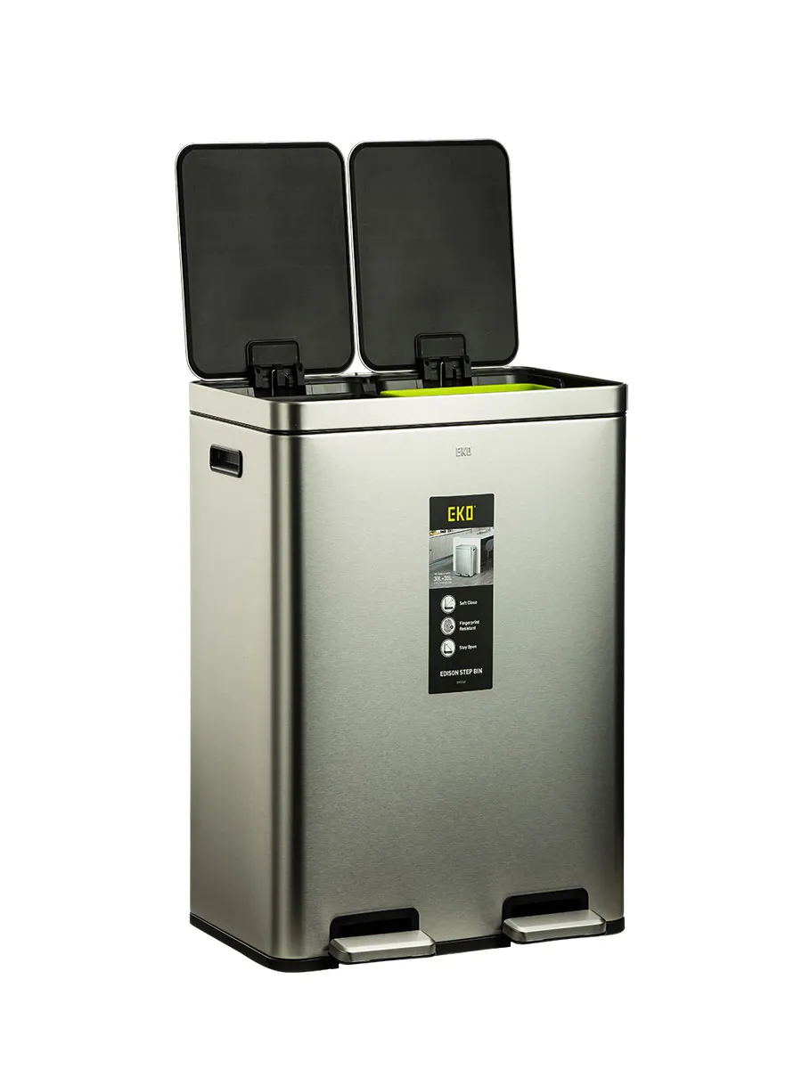 سطل زباله دومخزنه دو پداله اکو (EKO) 60 لیتر | عکس محصول - diahome سطل پدالی 60 لیتر برند EKO پرو رنگ استیل درباز